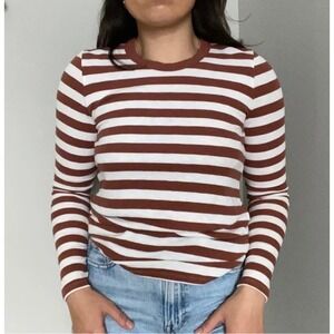 Aerie Real Soft Striped Long Sleeve Rust White Crew Neck Womens Elena Gilbert